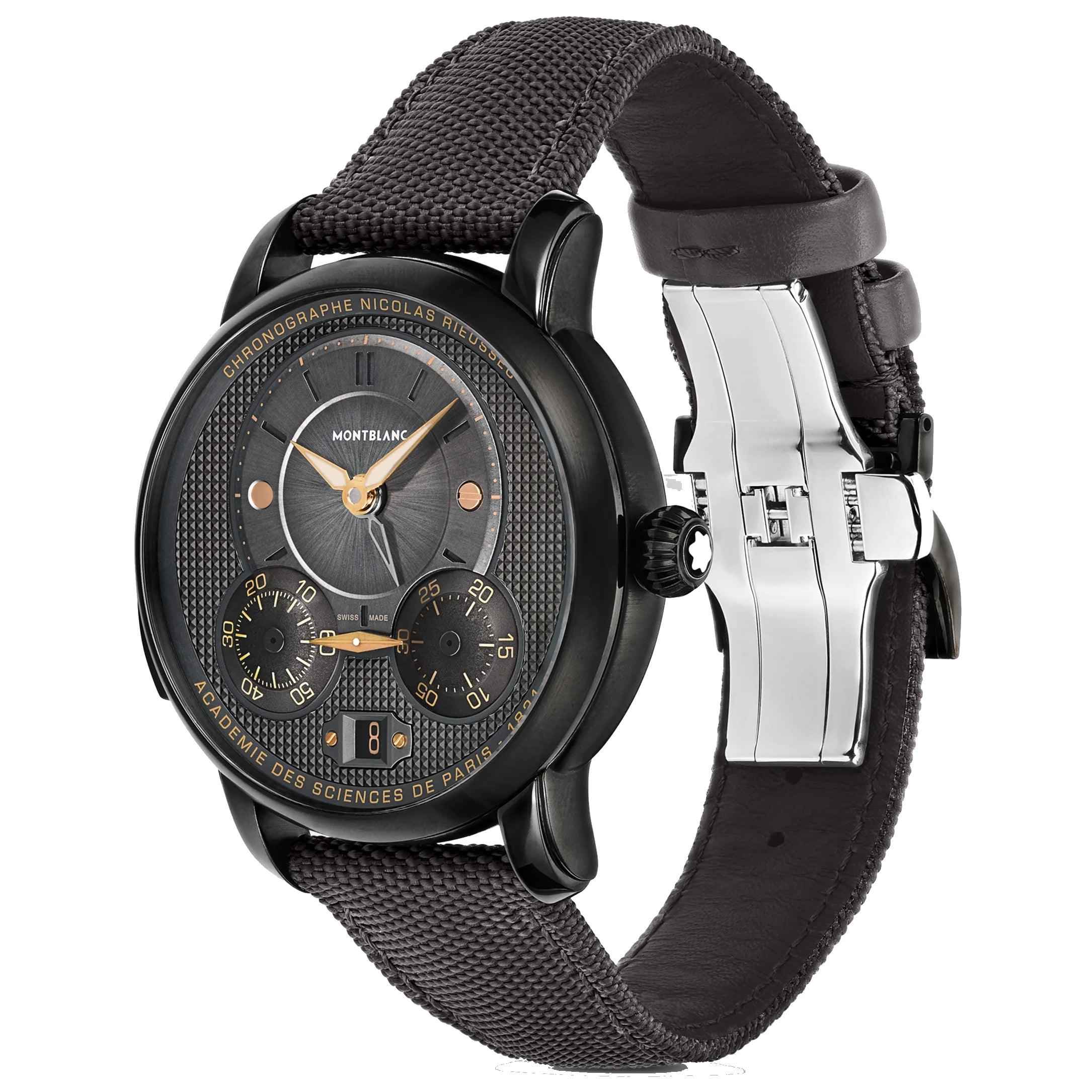 Orologio Montblanc con cassa nera DLC e quadrante antracite scuro, cinturino nero tessuto