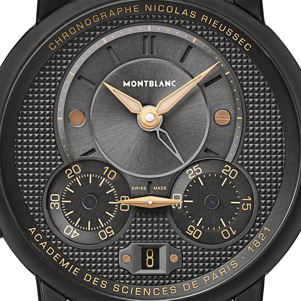 Montblanc orologio cronografo, quadrante grigio con contatori neri e lancette dorate