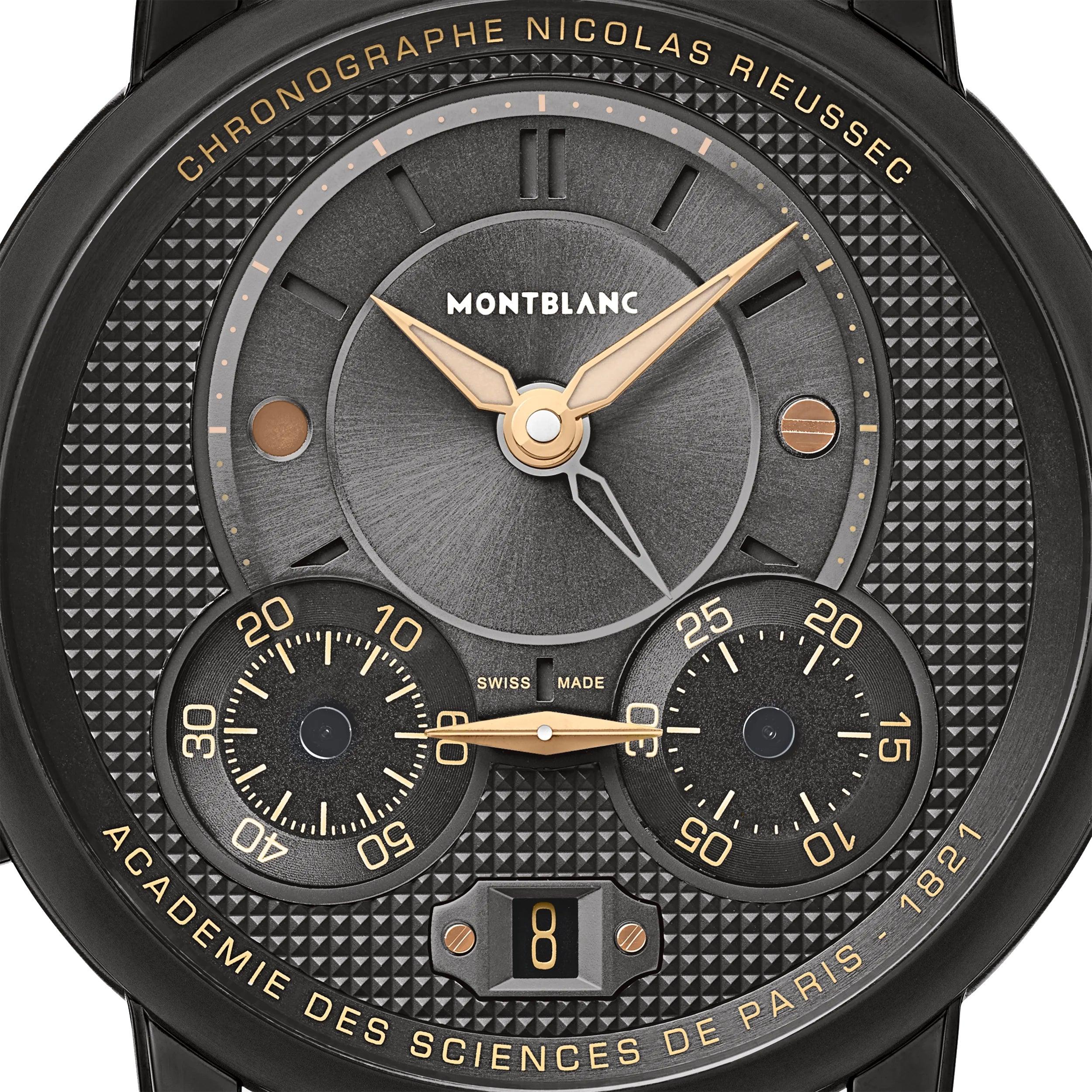 Montblanc orologio cronografo, quadrante grigio con contatori neri e lancette dorate