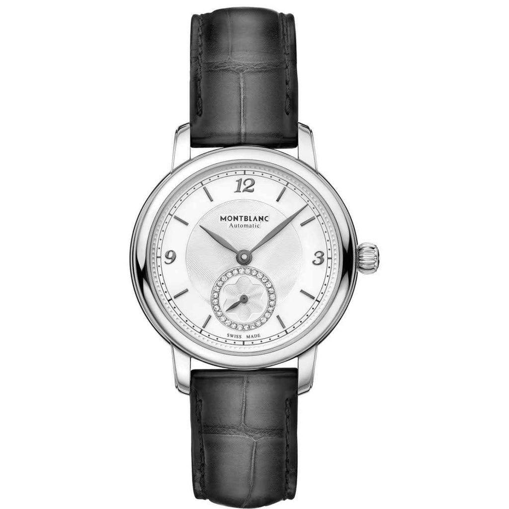 Orologio Montblanc automatico con cinturino nero, quadrante argento e piccoli secondi.