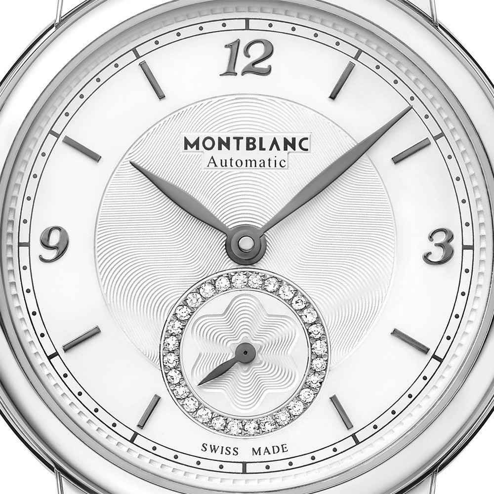 Quadrante orologio Montblanc automatico argento con numeri romani e ghiera di diamanti.