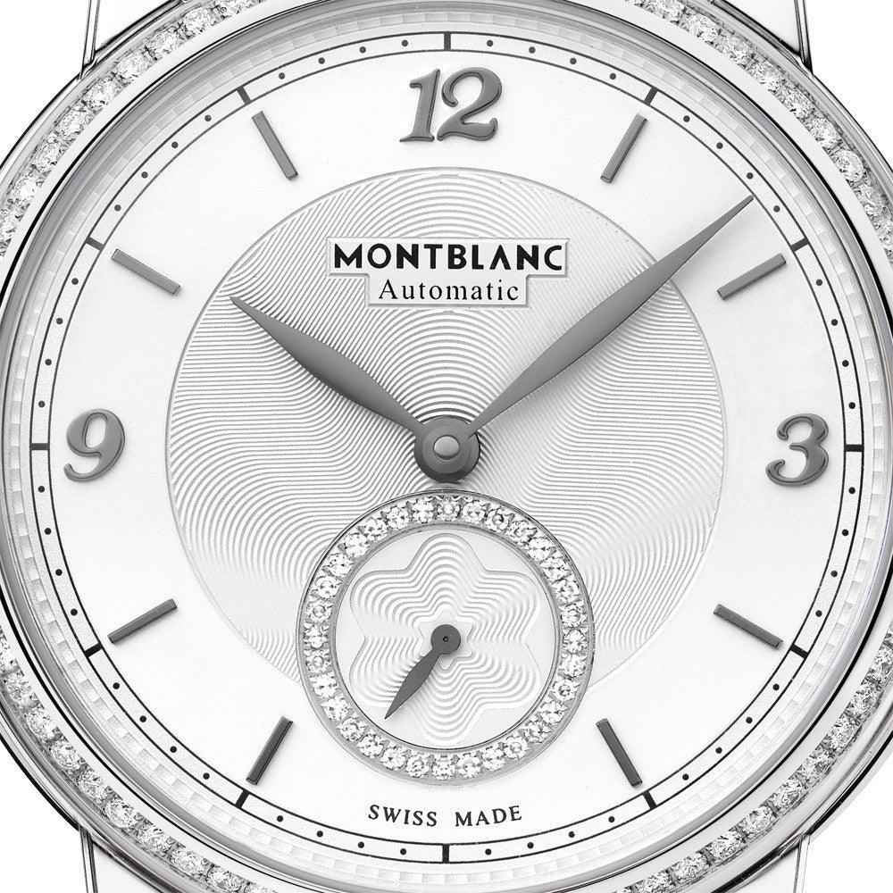 Quadrante argento dell’orologio automatico Montblanc con lancette e dettagli in diamanti