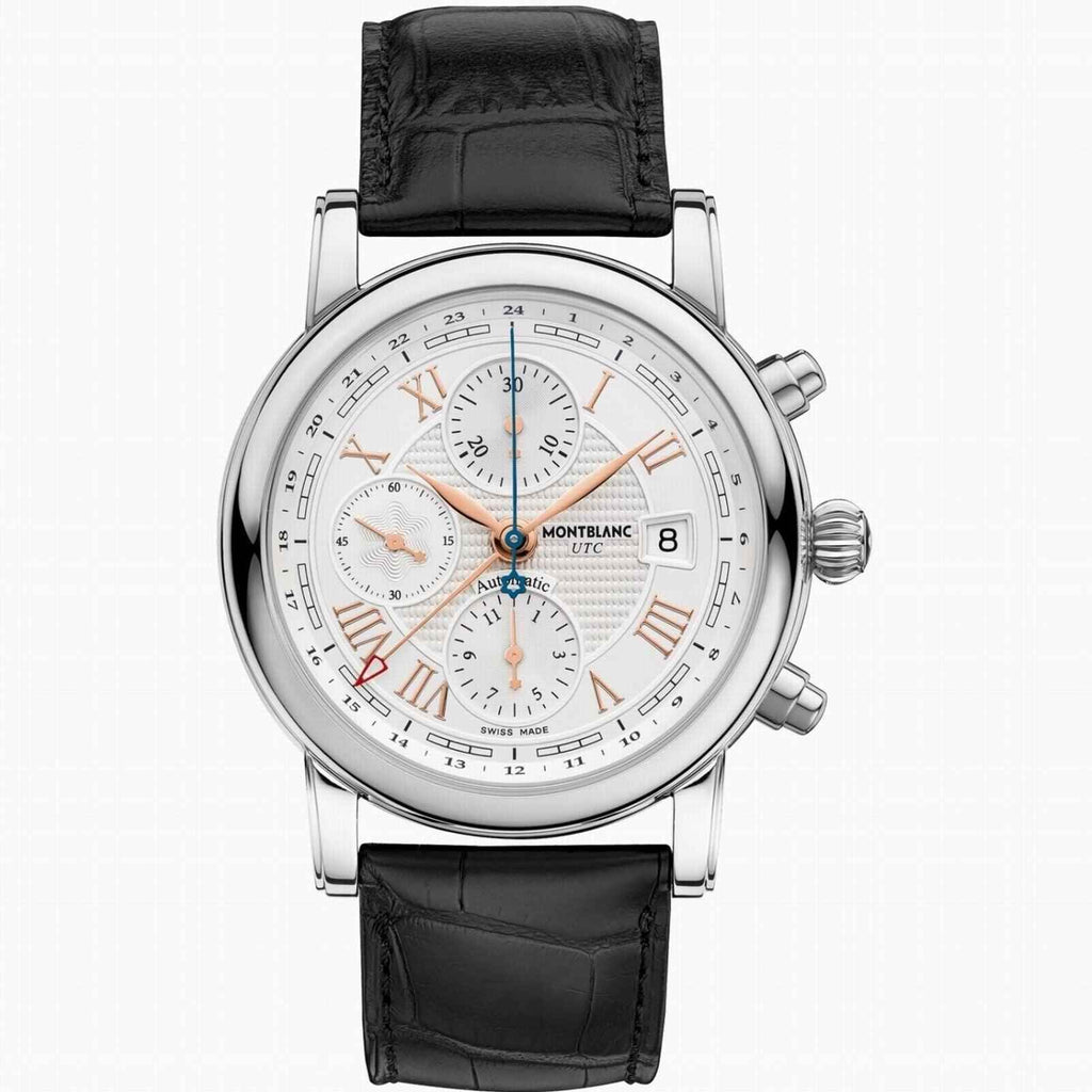 Orologio Montblanc con cinturino in pelle nera e quadrante bianco cronografo con numeri romani.