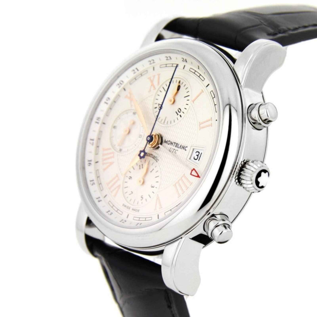 Orologio Montblanc con cassa argento, quadrante bianco e cinturino in pelle nera.