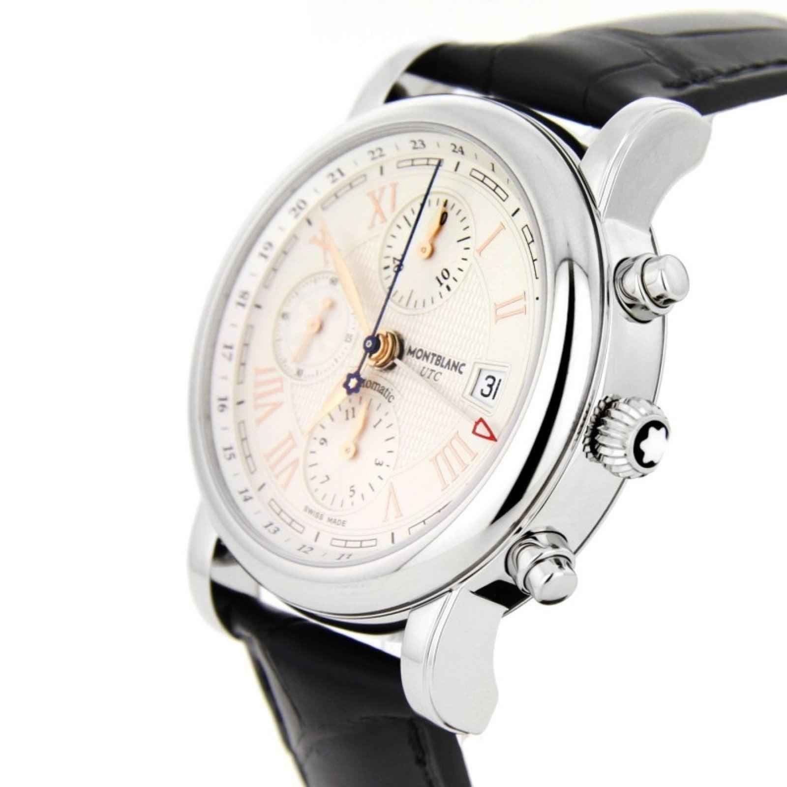 Orologio Montblanc con cassa argento, quadrante bianco e cinturino in pelle nera.