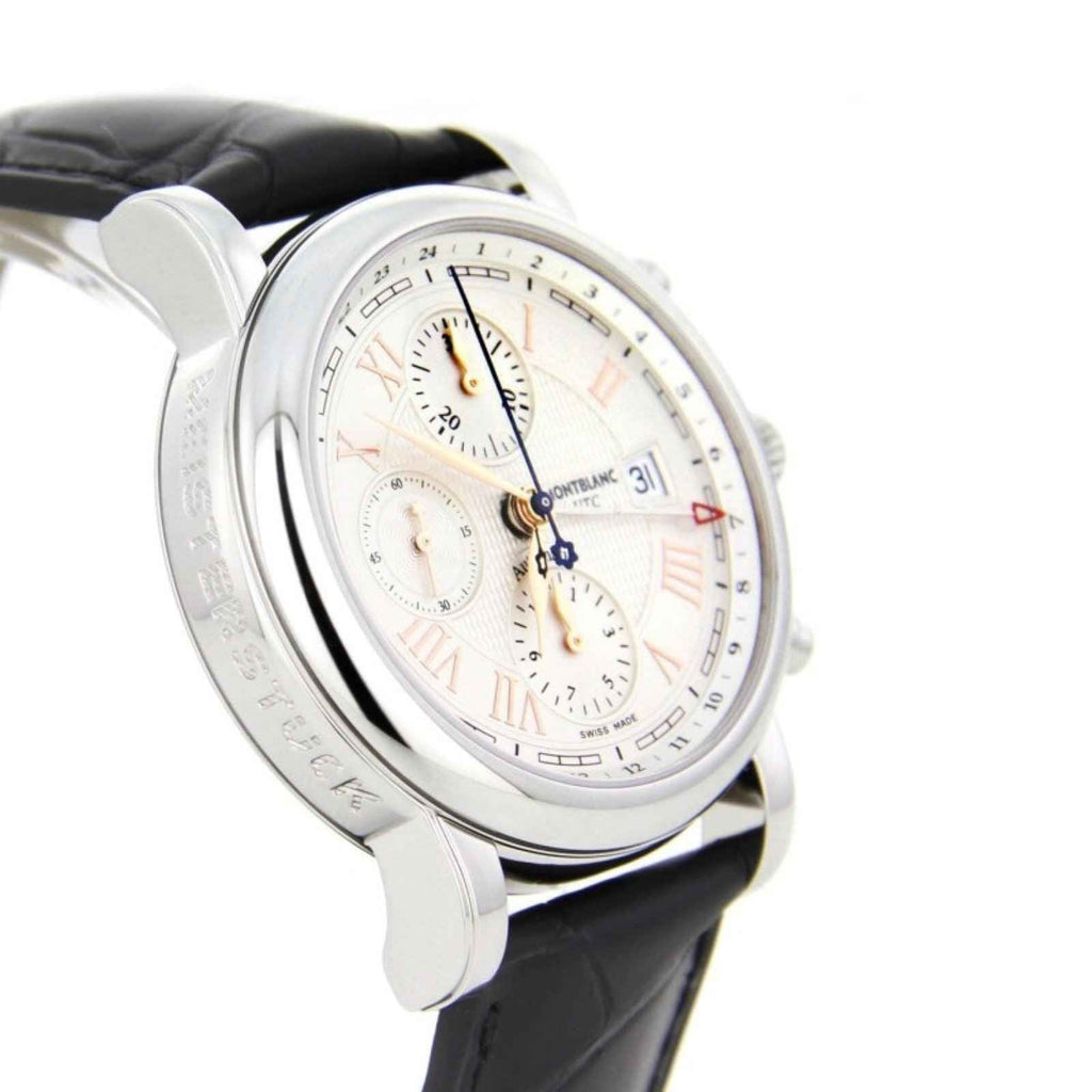 Orologio Montblanc in acciaio argento con quadrante bianco e cinturino in pelle nera.