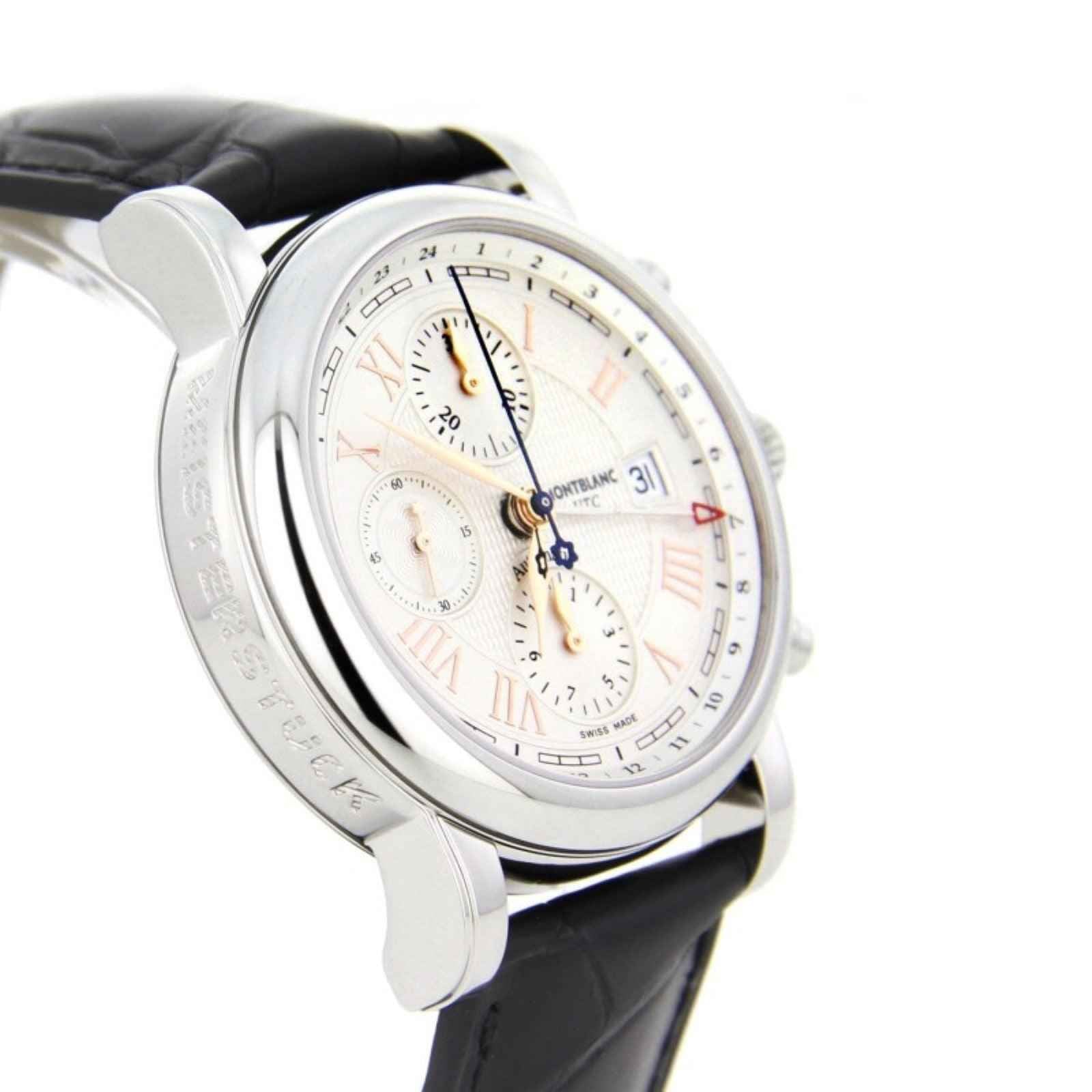 Orologio Montblanc in acciaio argento con quadrante bianco e cinturino in pelle nera.