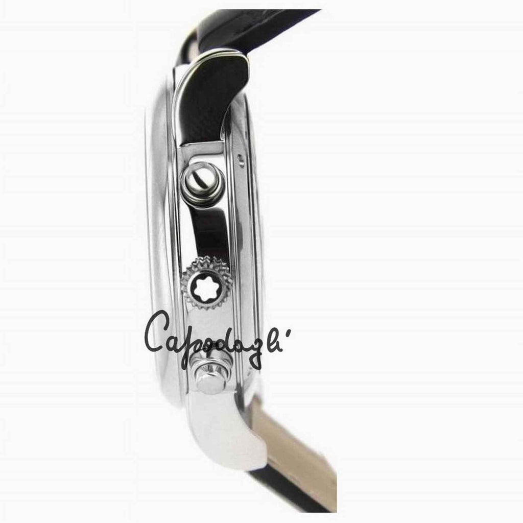 Orologio Montblanc: cassa argento con corona e pulsanti, cinturino in pelle nera.