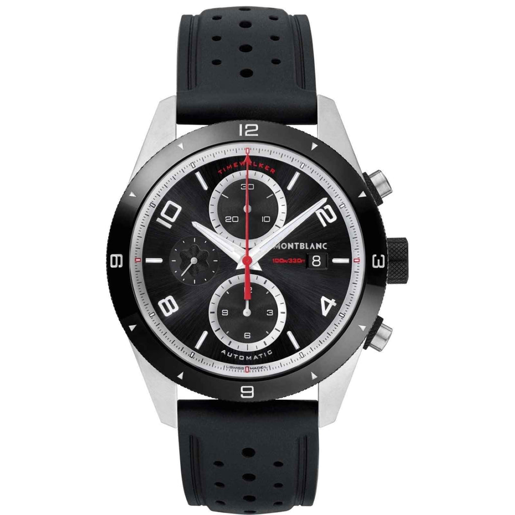 Orologio Montblanc Timewalker cronografo in acciaio con quadrante nero e cinturino in gomma.