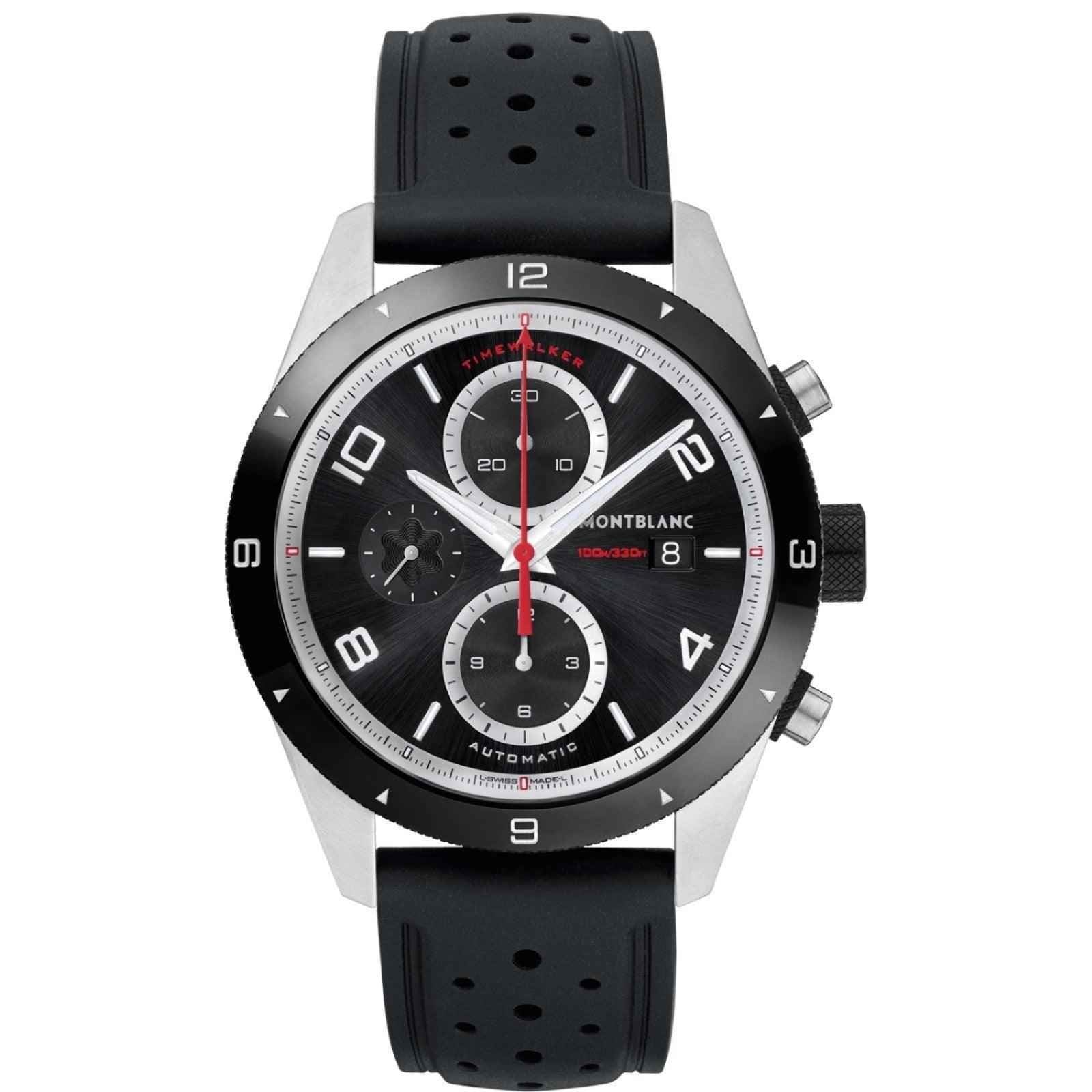 Orologio Montblanc Timewalker cronografo in acciaio con quadrante nero e cinturino in gomma.