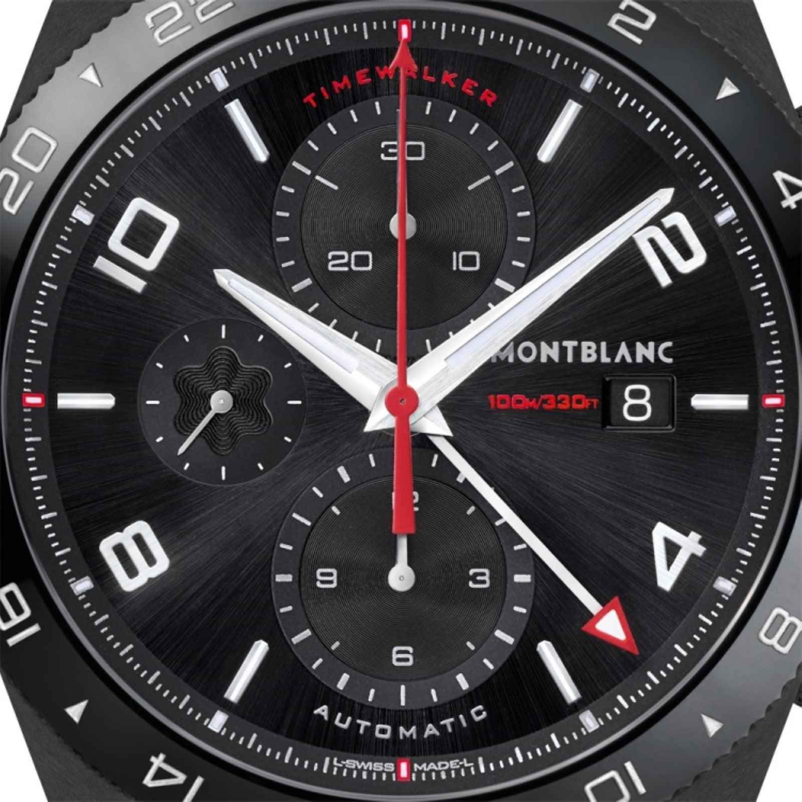 Quadrante nero Montblanc con lancette rosse, indici luminosi e contatori cronografo