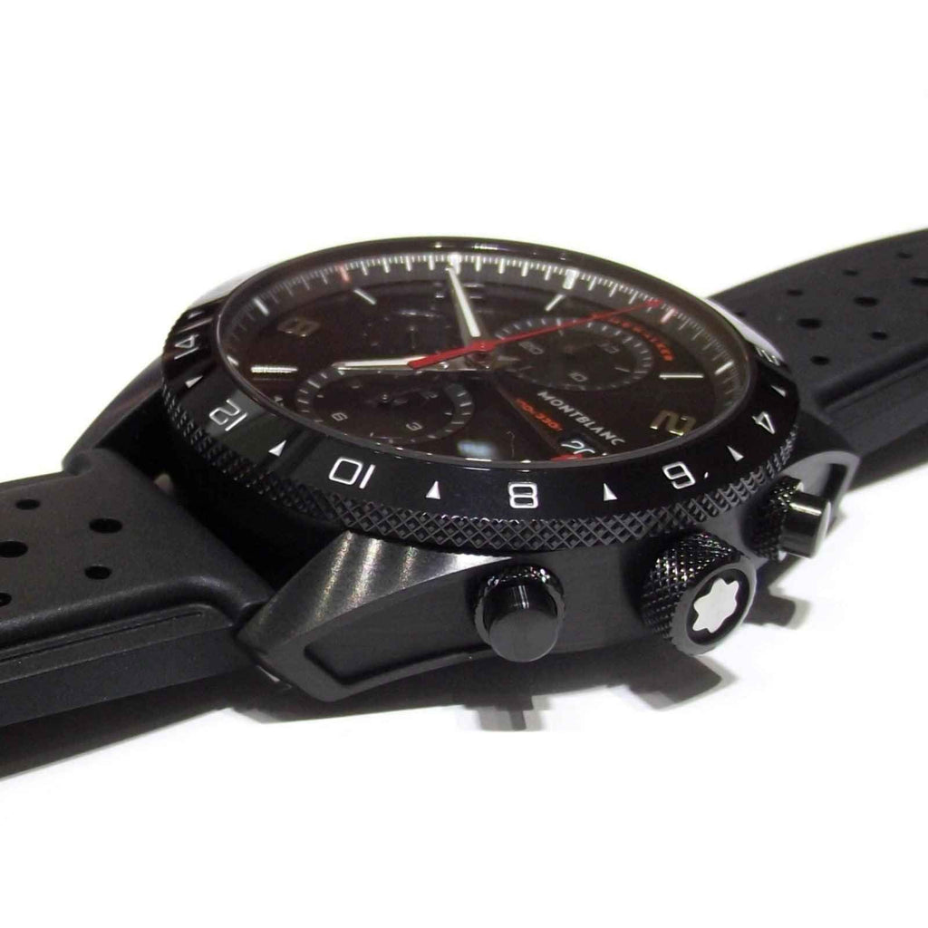 Orologio Montblanc di lato con corona e pulsanti, cassa PVD nera e cinturino in gomma