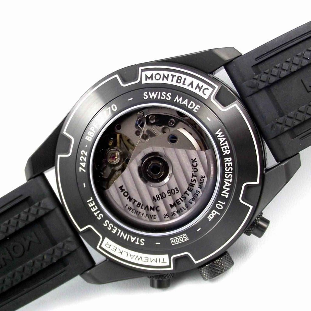 Fondello Montblanc con meccanismo visibile, scritte Swiss Made e water resistant
