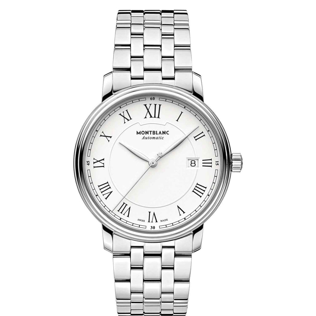 Orologio Montblanc in acciaio con quadrante bianco, datario e cinturino a maglie.