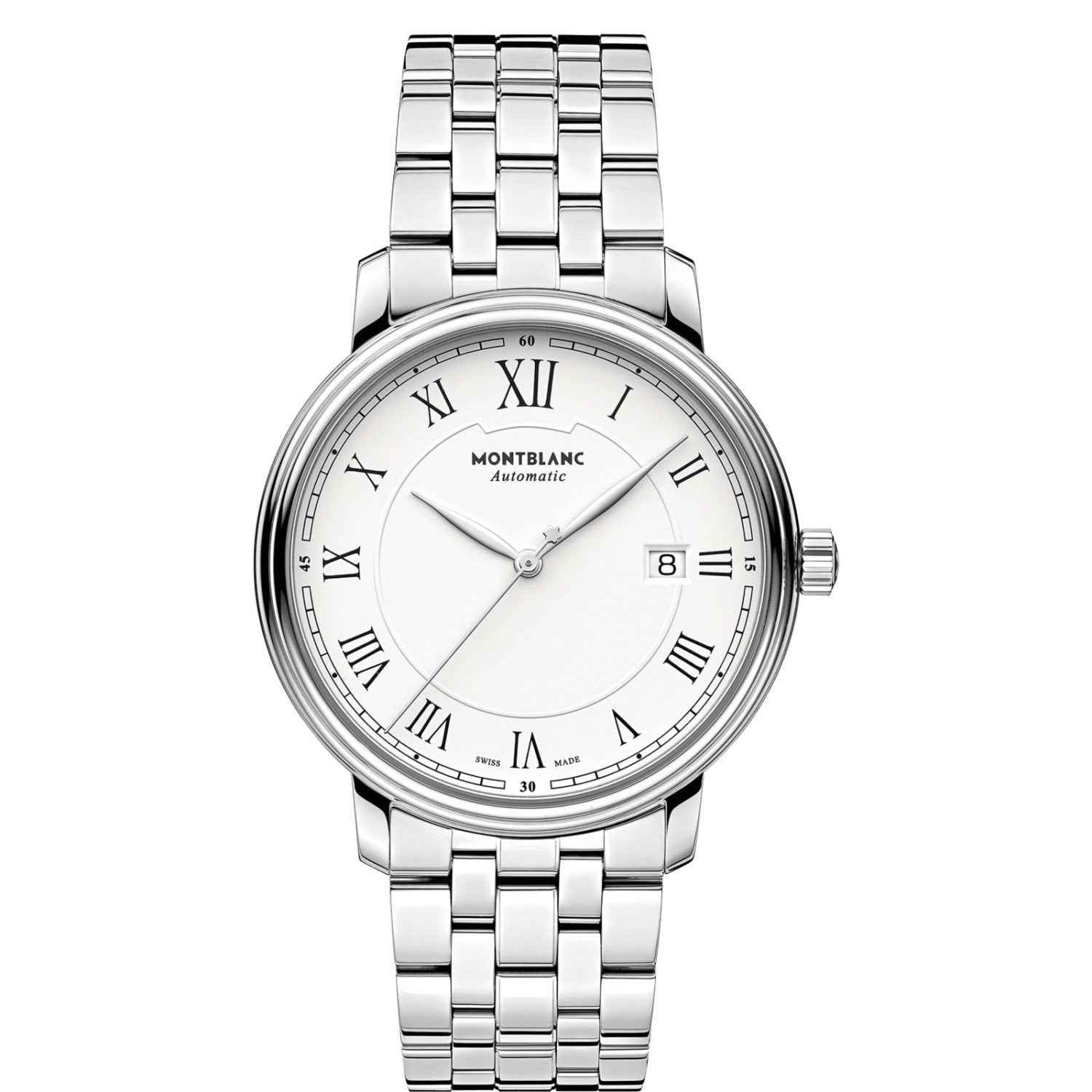 Orologio Montblanc in acciaio con quadrante bianco, datario e cinturino a maglie.