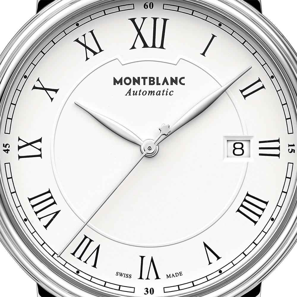 Orologio Montblanc automatico con quadrante bianco, numeri romani e finestra data.