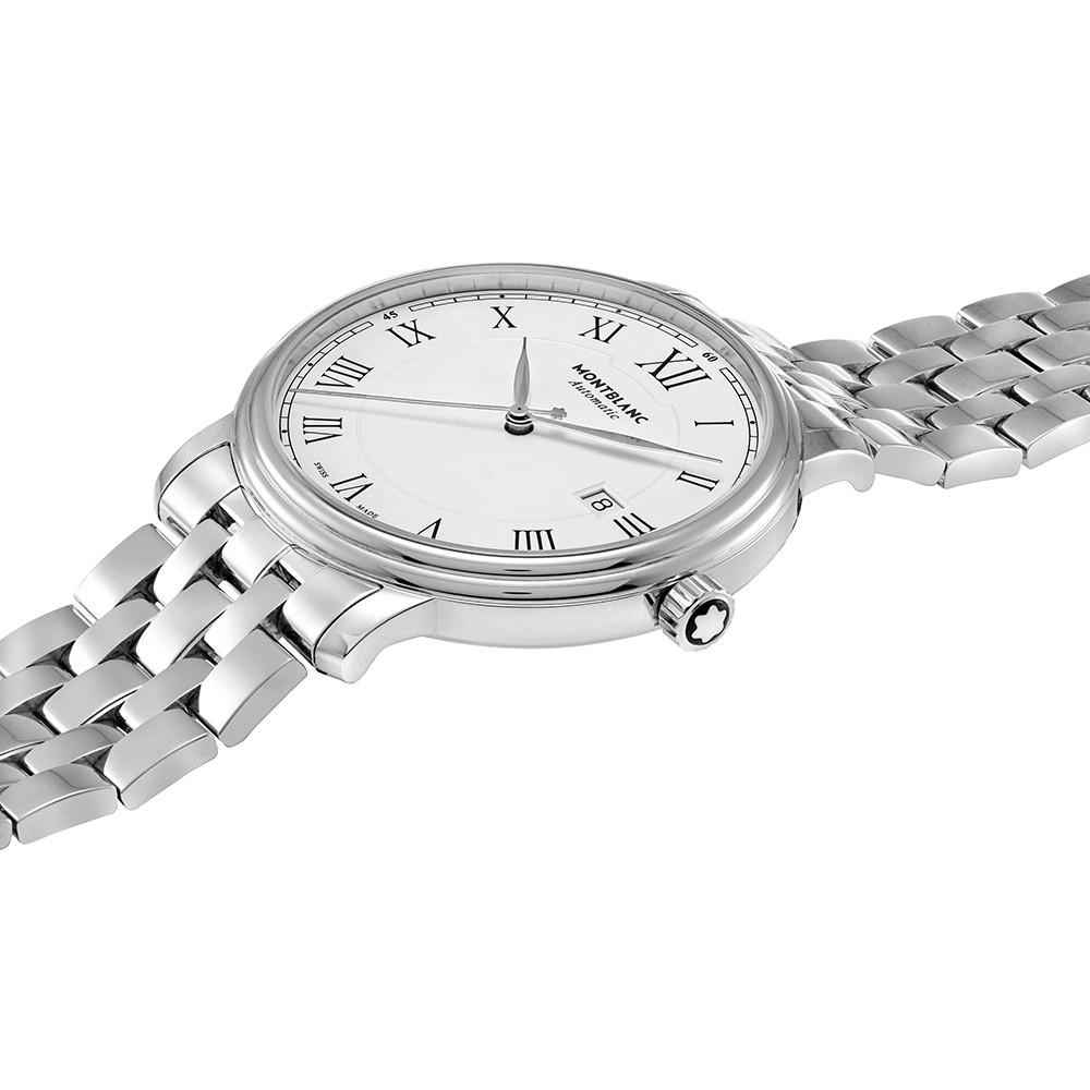 Orologio Montblanc in acciaio con quadrante bianco, corona laterale e cinturino a maglia.