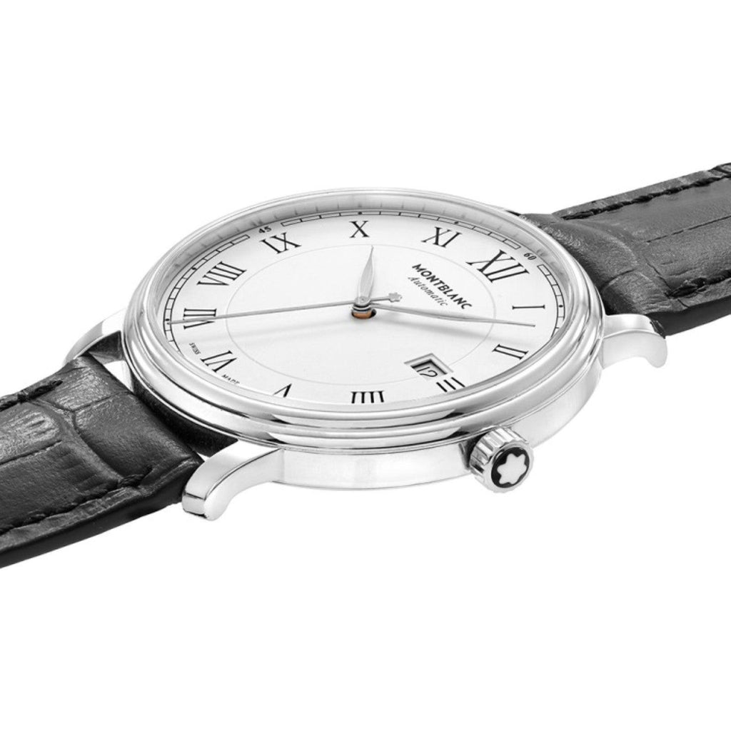 Orologio Montblanc con cassa d’acciaio e quadrante bianco, cinturino in pelle nera