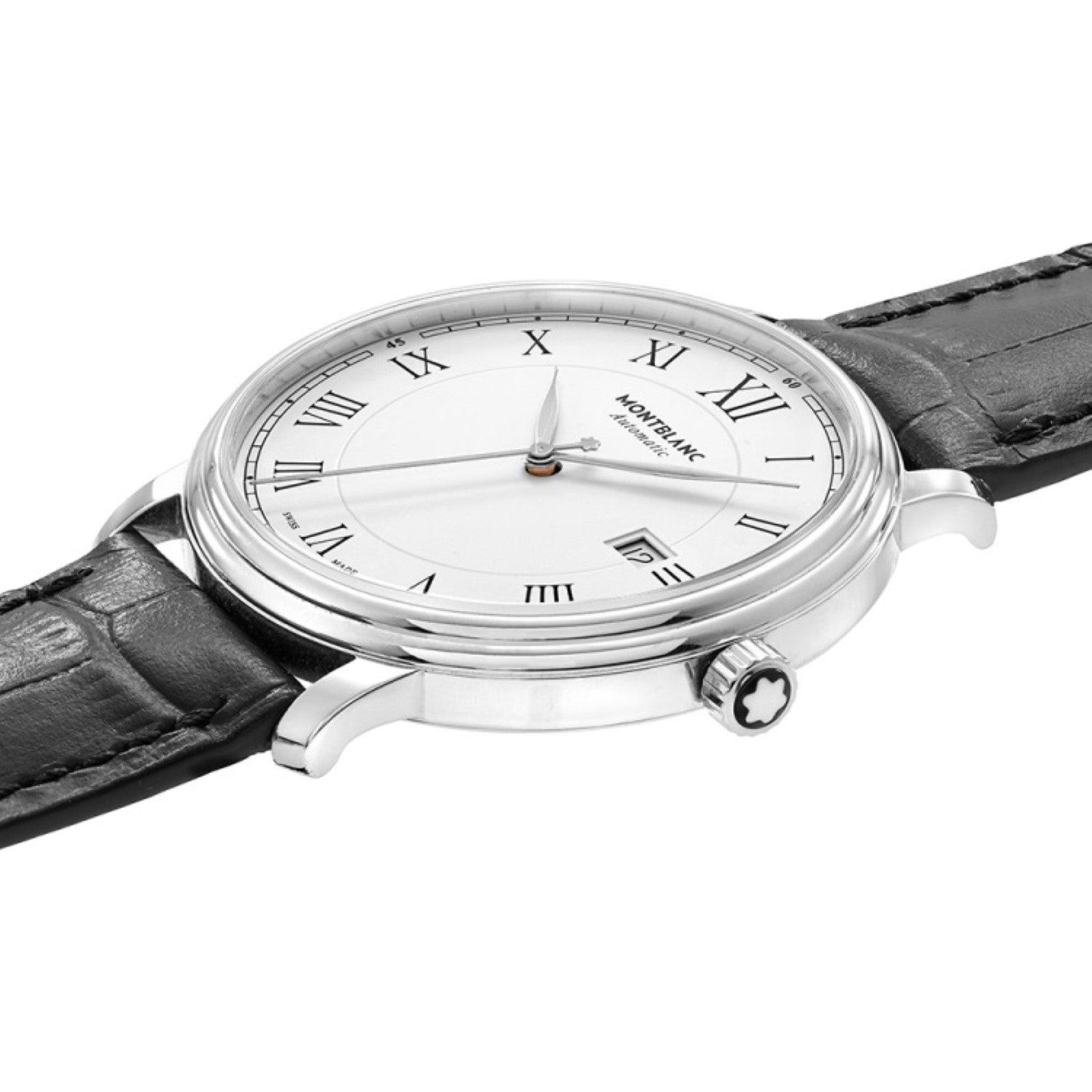 Orologio Montblanc con cassa d’acciaio e quadrante bianco, cinturino in pelle nera