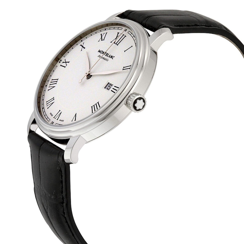 Orologio Montblanc Tradizione con cinturino nero e finestra data sul quadrante bianco