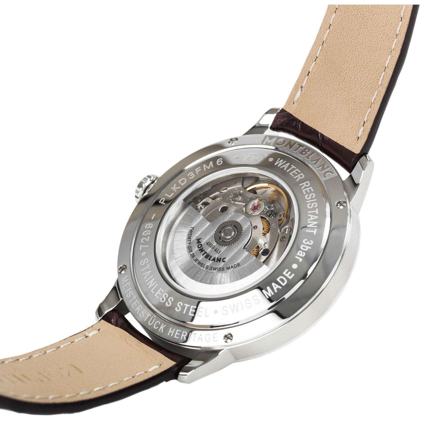 Retro dell’orologio Montblanc in acciaio con meccanismo visibile e cinturino in pelle nera