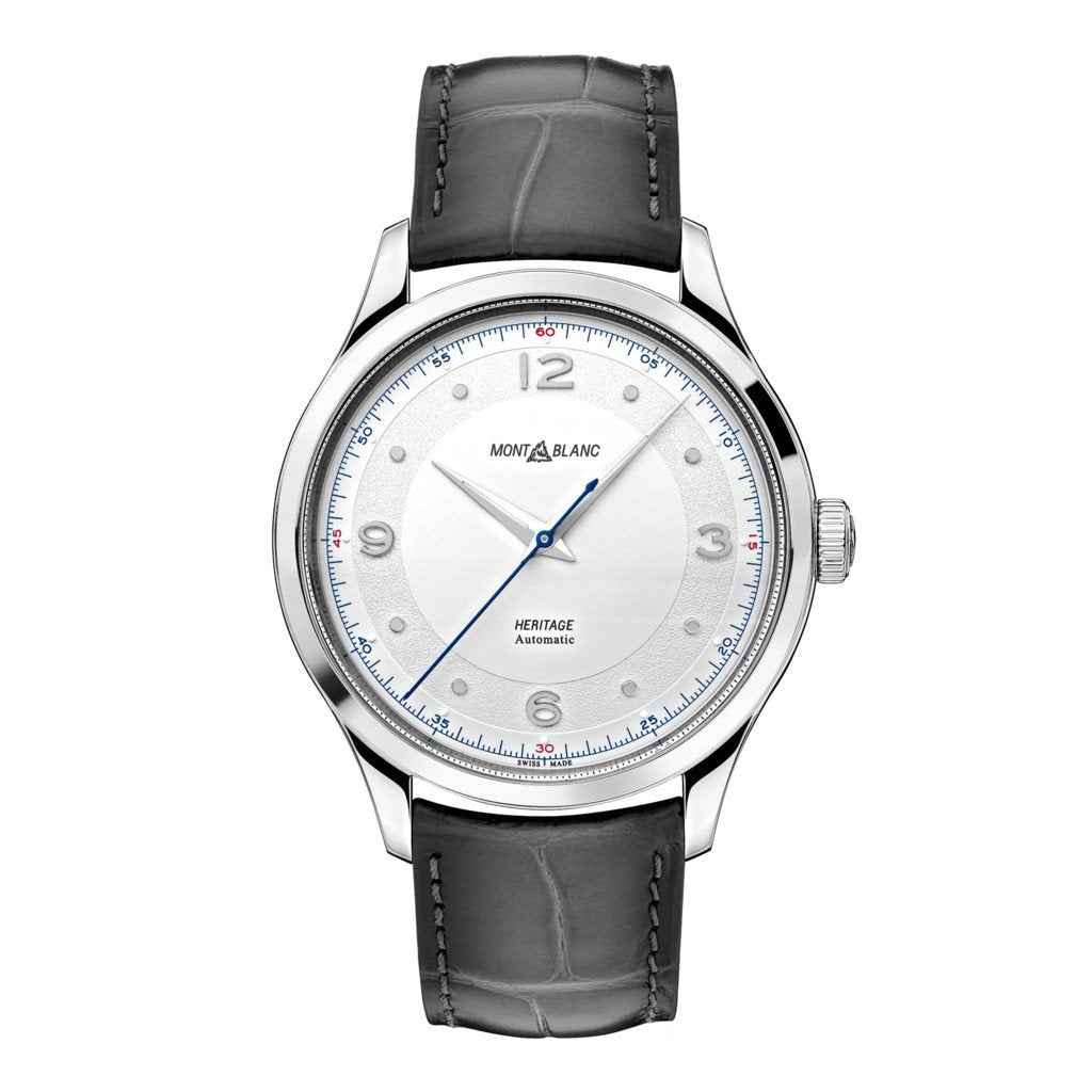 Orologio da polso Montblanc con cinturino in alligatore grigio e quadrante bianco, lancette blu