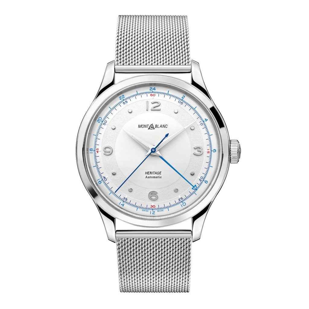 Orologio Montblanc Heritage GMT 40 mm acciaio, quadrante bianco e bracciale maglia.