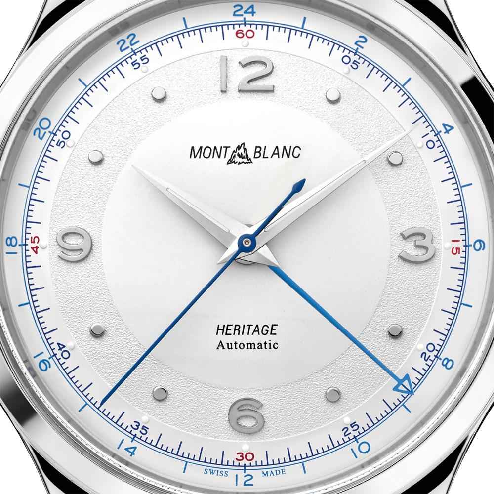 Orologio Montblanc Heritage GMT: quadrante bianco con indici e lancette blu, auto.