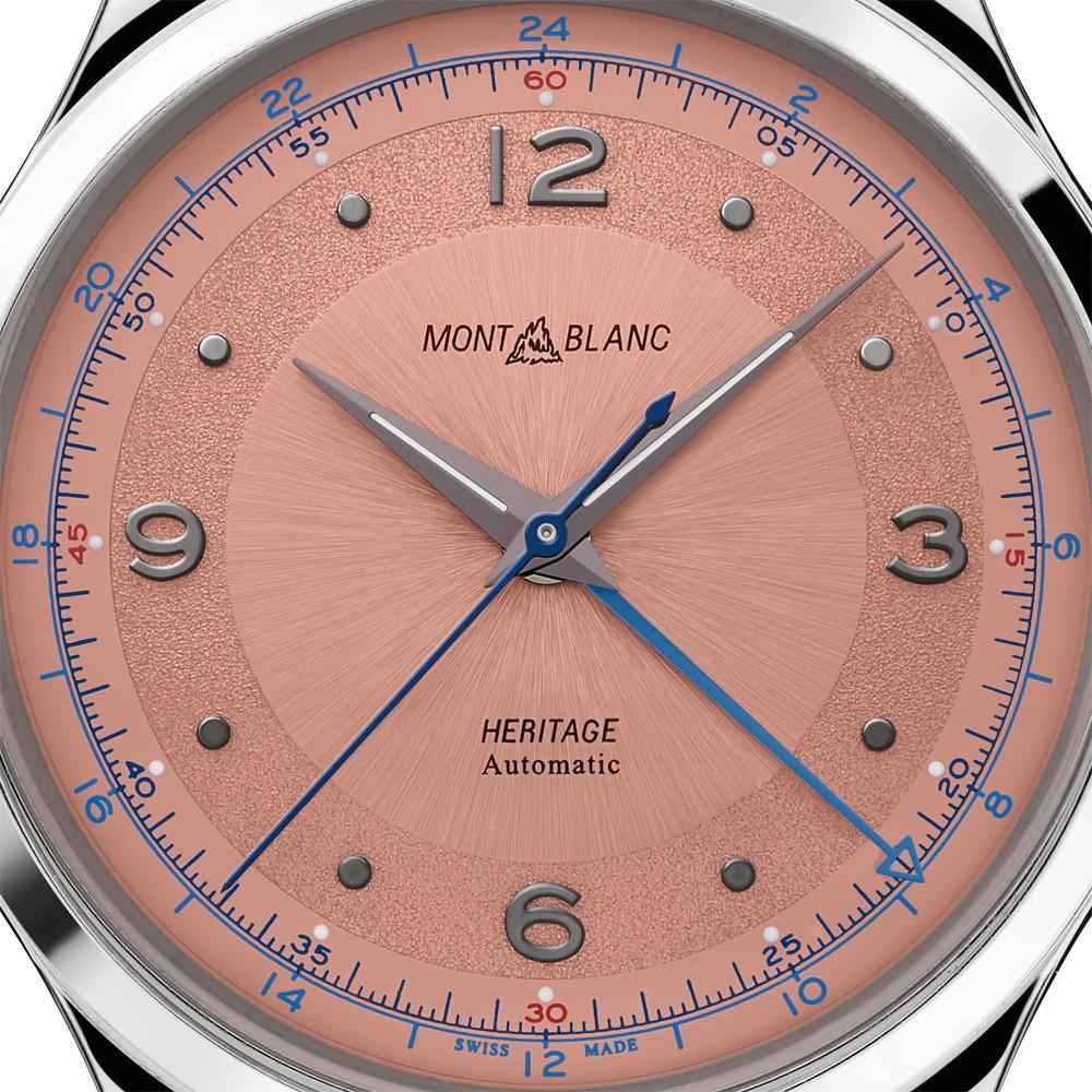Quadrante salmone Montblanc Heritage con lancette blu e indici, Heritage Automatic