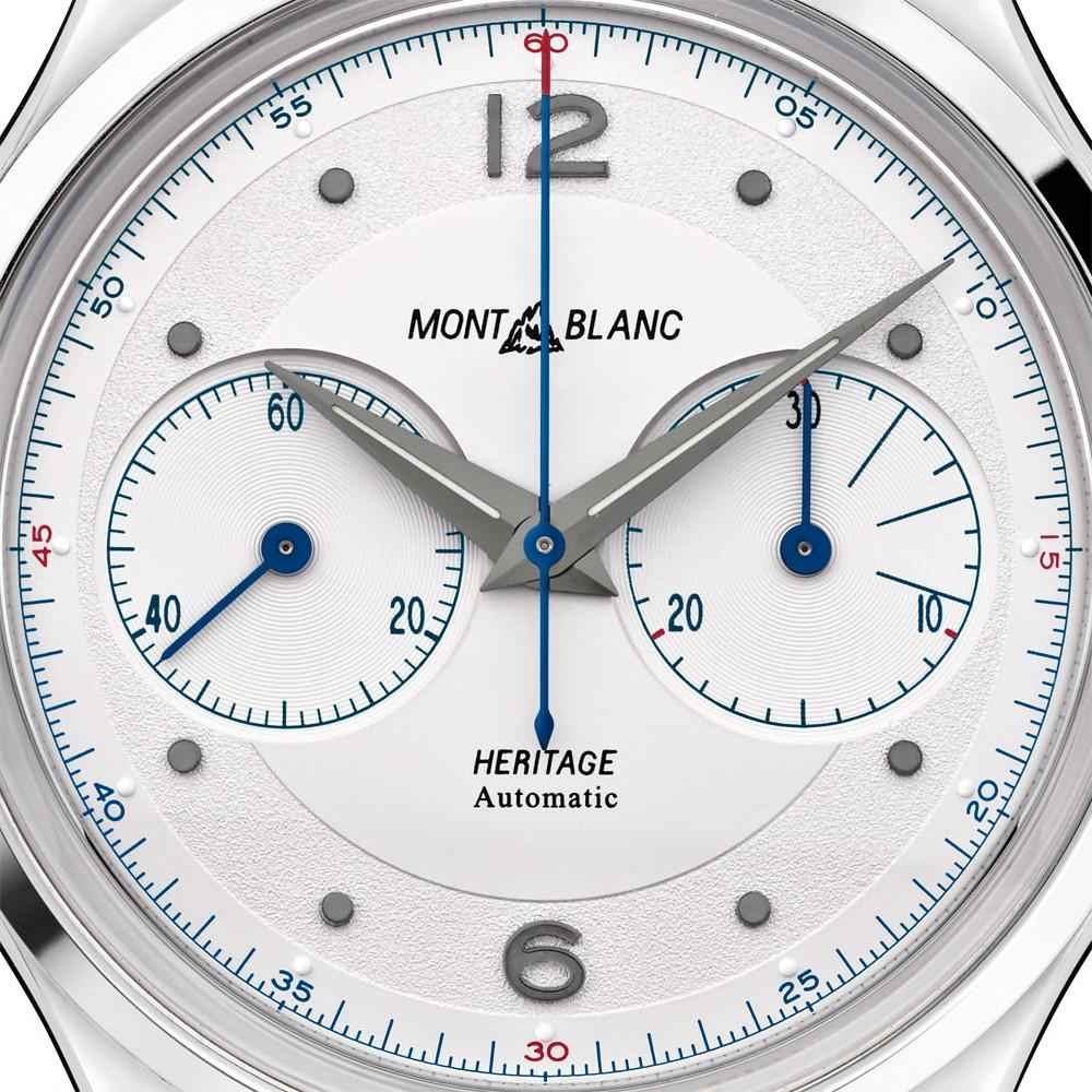 Quadrante dell’orologio Montblanc cronografo con tre contatori e lancette blu