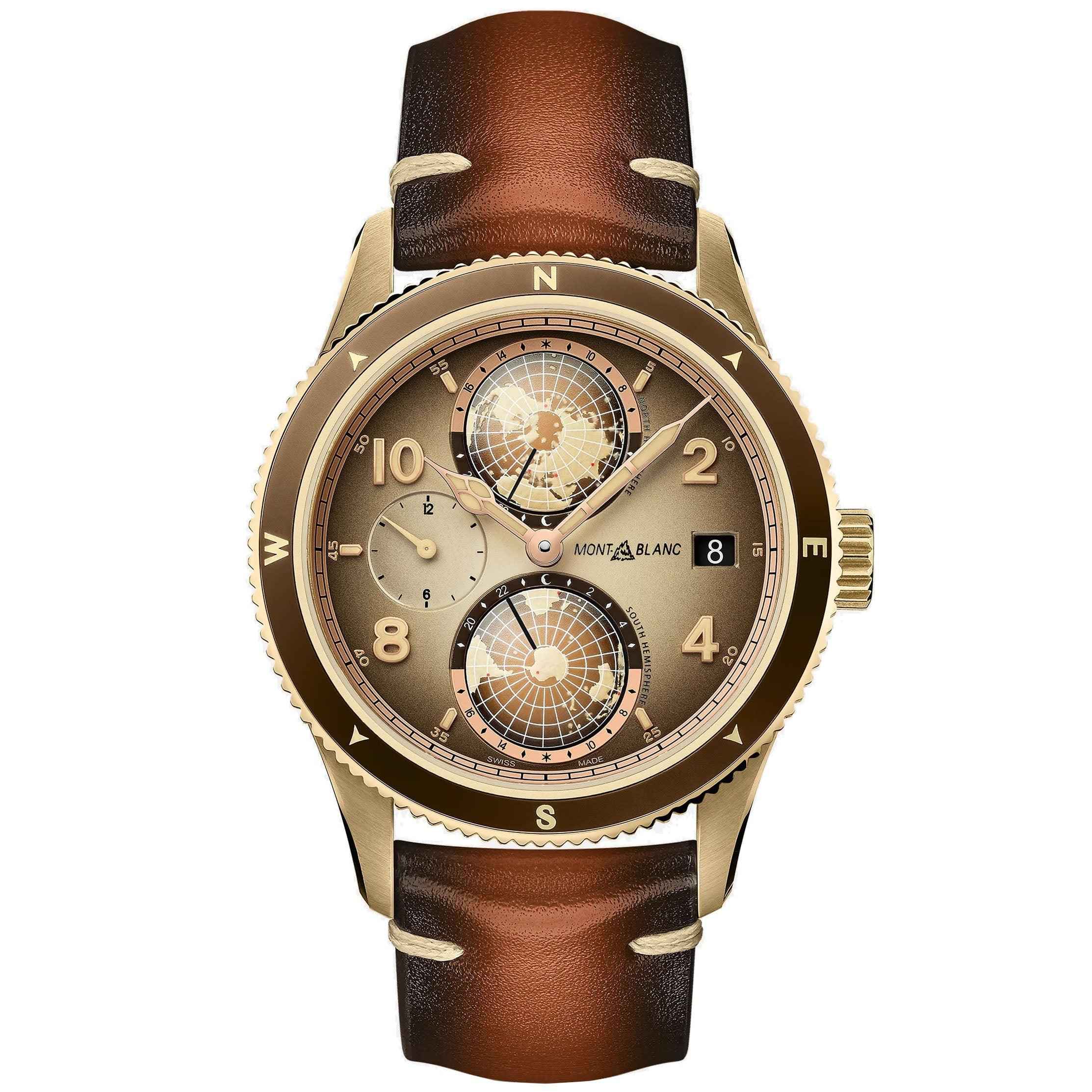 Orologio da polso automatico con quadrante marrone e cinturino in pelle marrone.