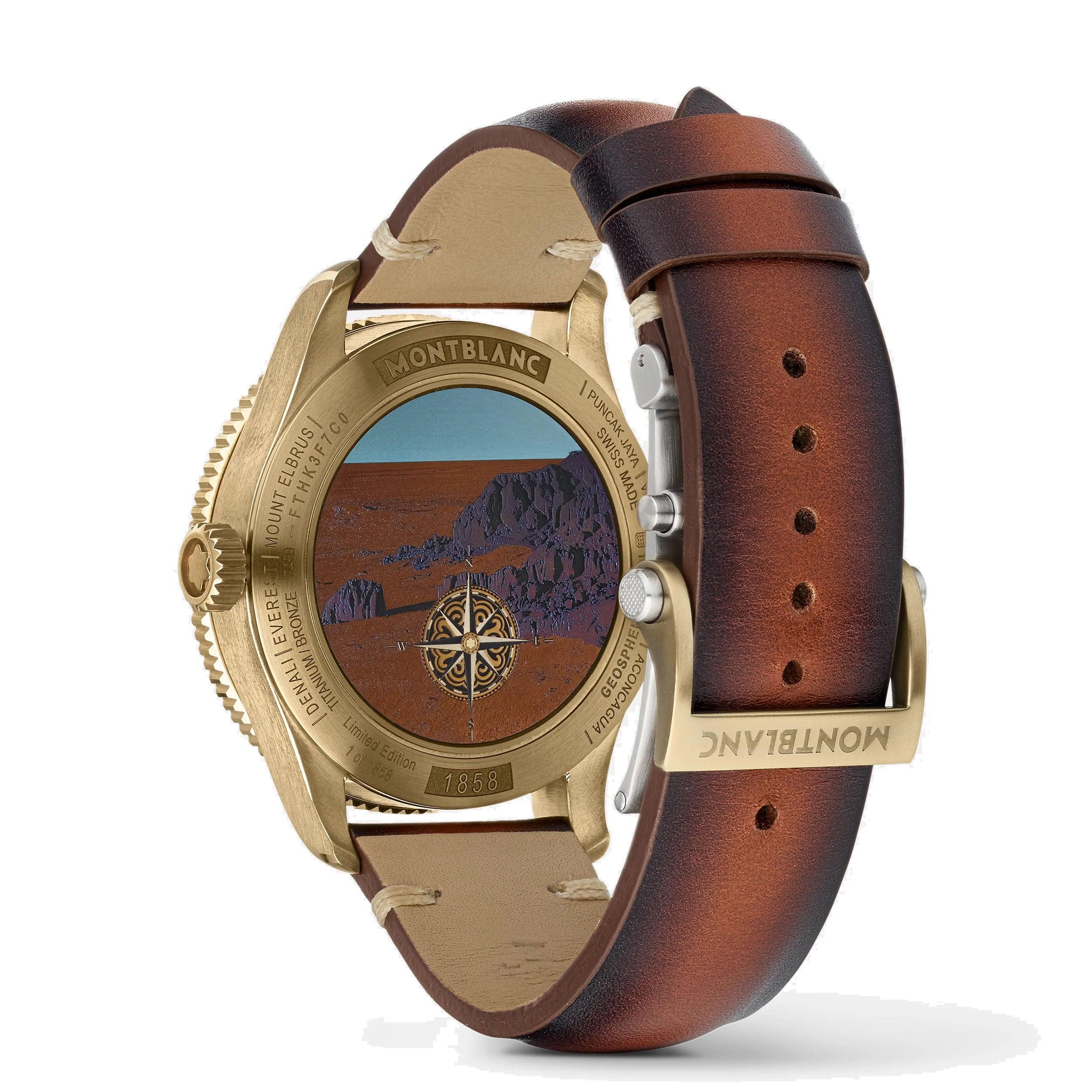 Orologio uomo con cassa dorata e cinturino in pelle marrone, quadrante con mappa