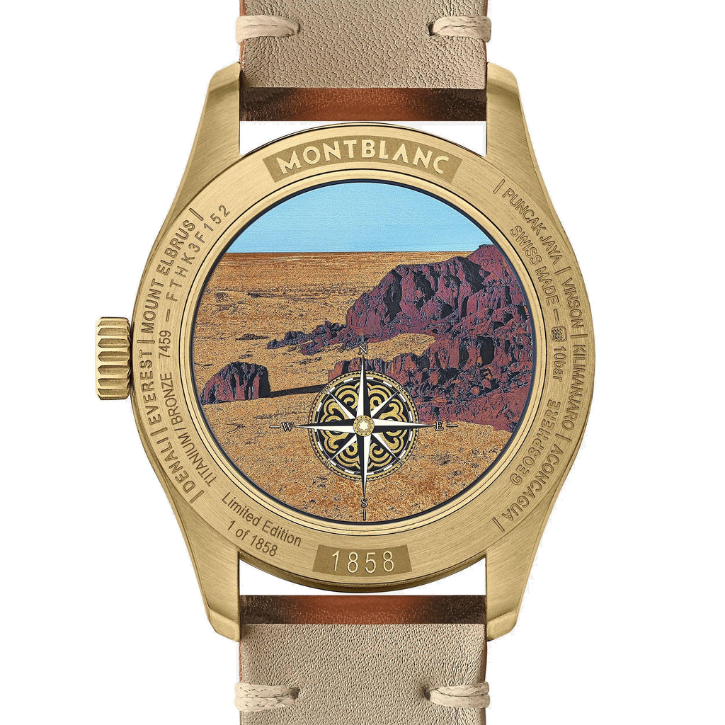 Orologio uomo con cassa dorata e cinturino in pelle beige, quadrante panoramico 1858