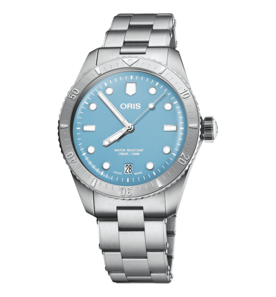 Orologio sub in acciaio con quadrante blu, indici e lancette bianche, 100 m