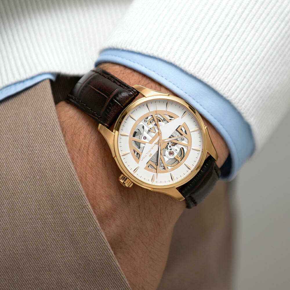 Orologio automatico con quadrante bianco open heart e cinturino in pelle nera