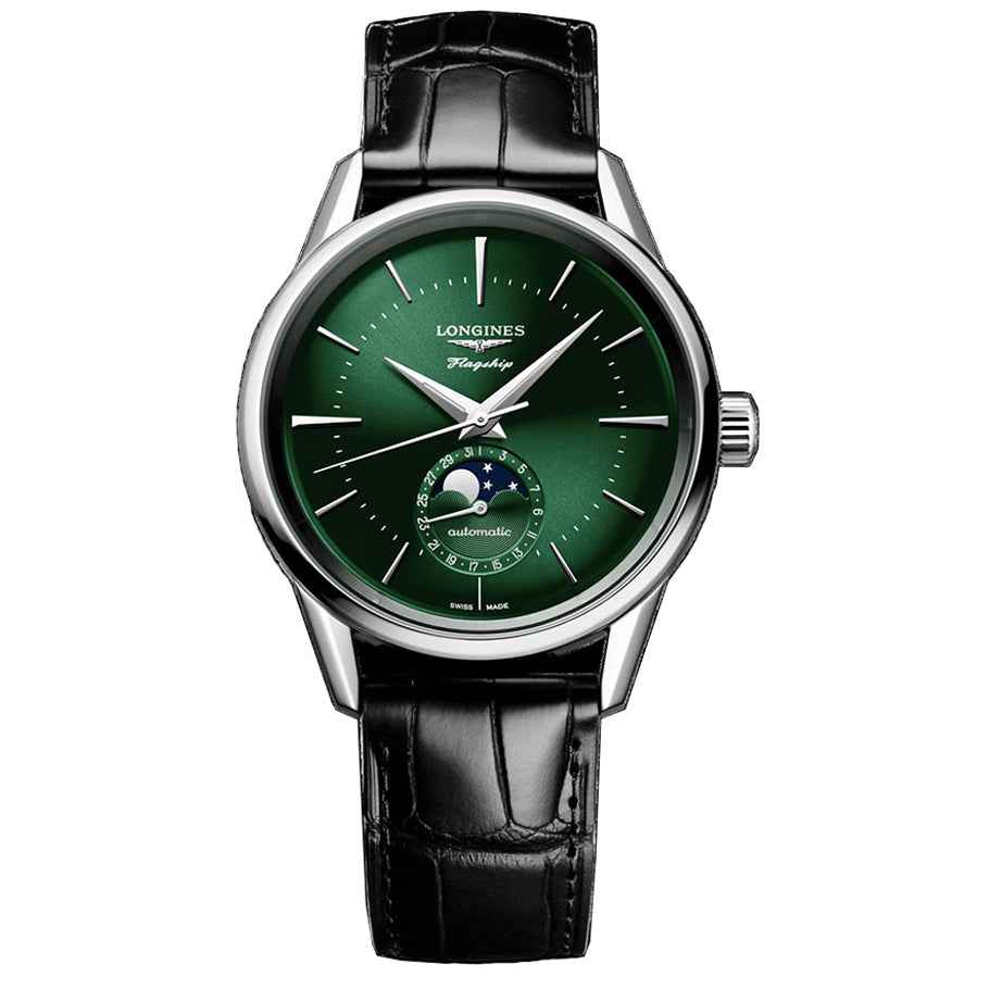 Orologio automatico con quadrante verde, fasi lunari, cassa in acciaio e pelle nera