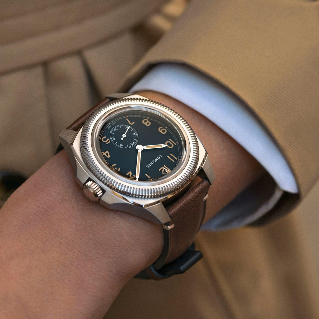 Orologio Longines Pilot Majetek 43 mm automatico nero in acciaio, cinturino in pelle