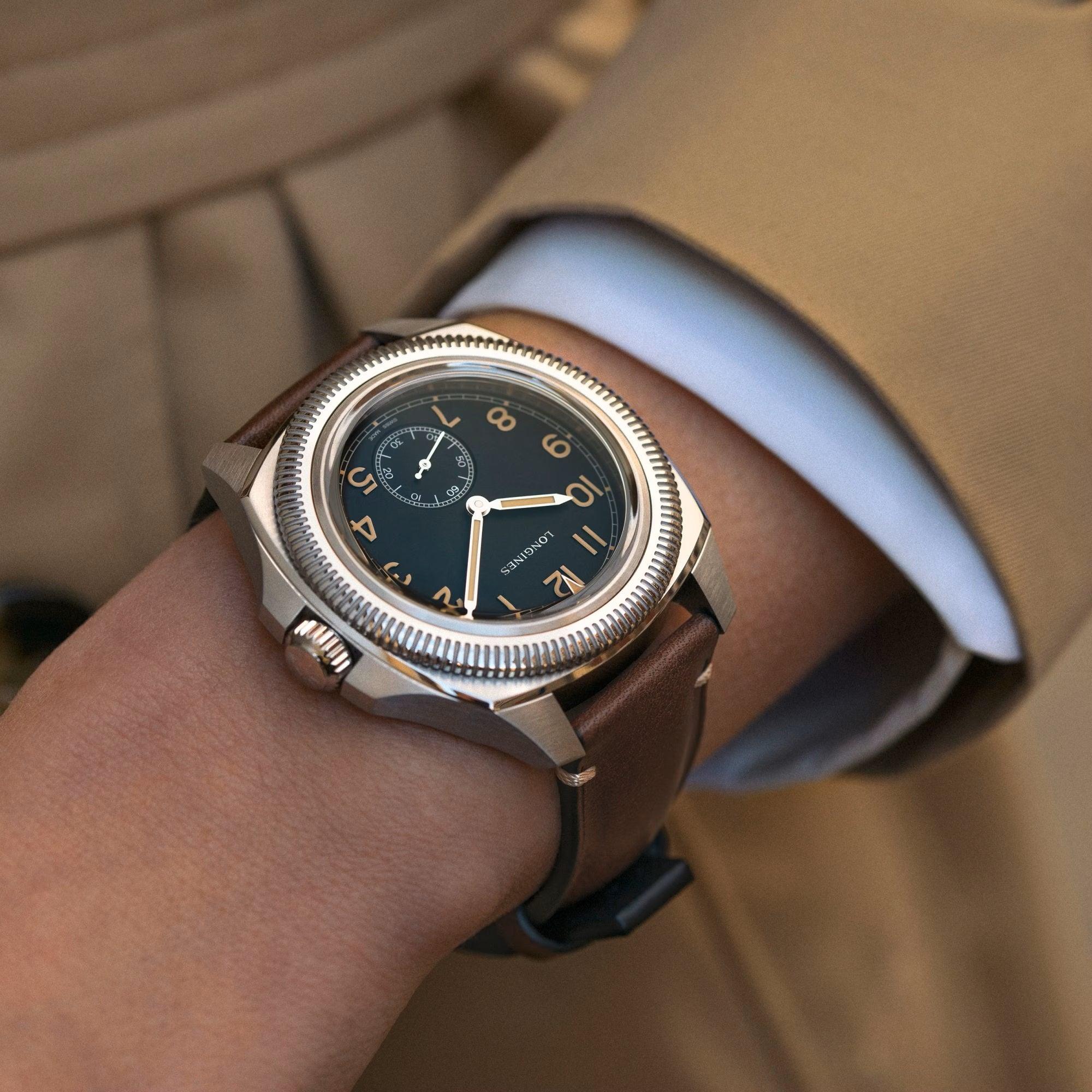 Orologio Longines Pilot Majetek 43 mm automatico nero in acciaio, cinturino in pelle