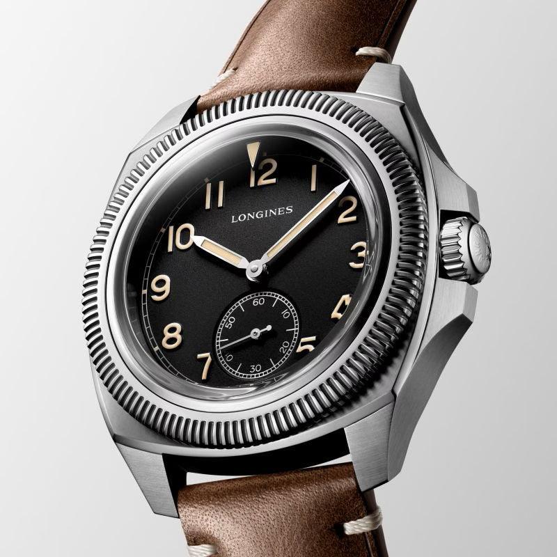 Orologio Longines Pilot Majetek 43 mm automatico nero con cinturino in pelle marrone