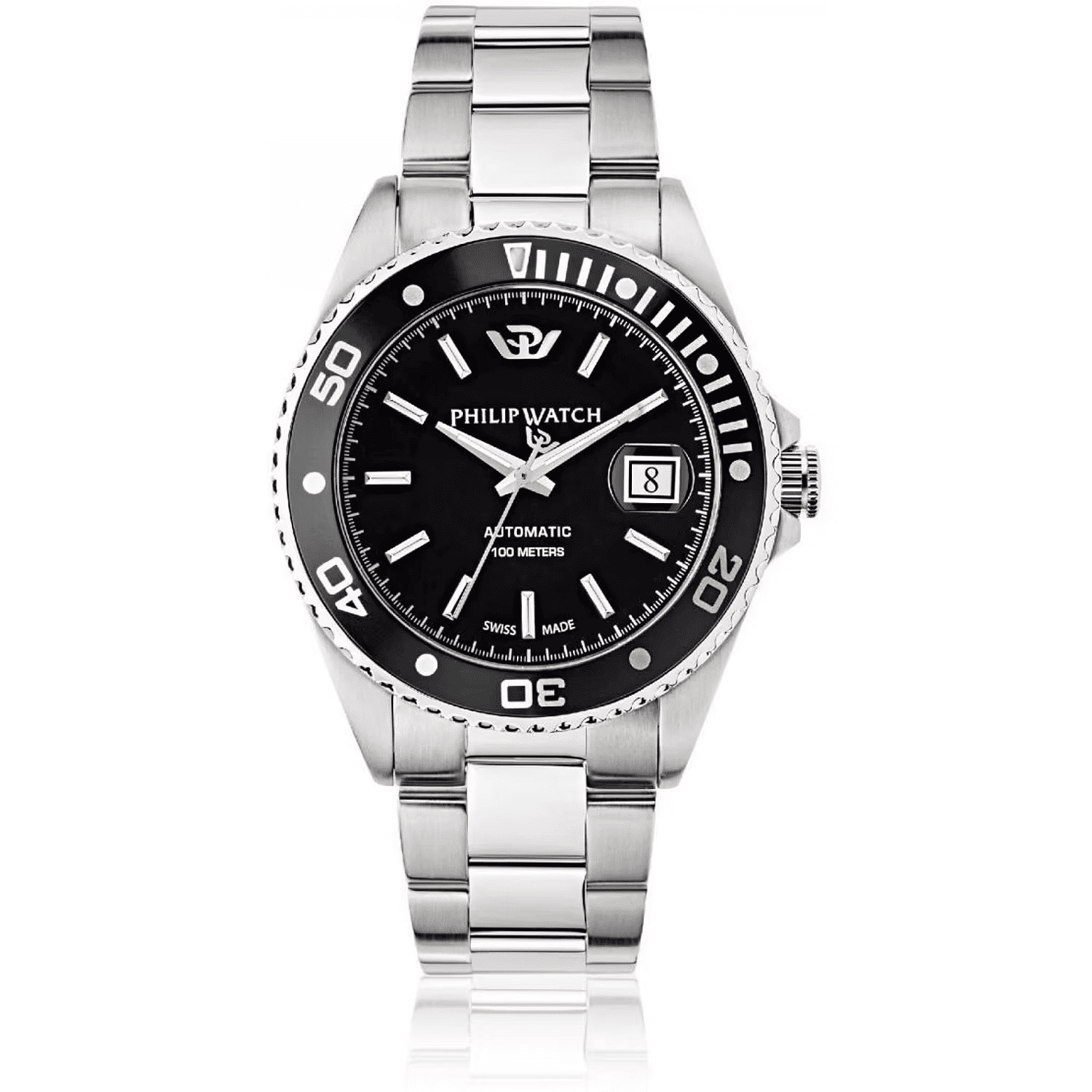 Orologio automatico Philip Watch con quadrante nero, bracciale in acciaio e lunetta