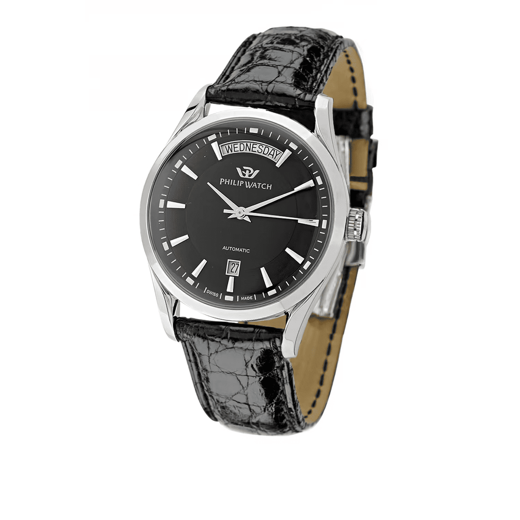 Orologio automatico con quadrante nero effetto raggiera, cassa tonneau in acciaio e pelle nera
