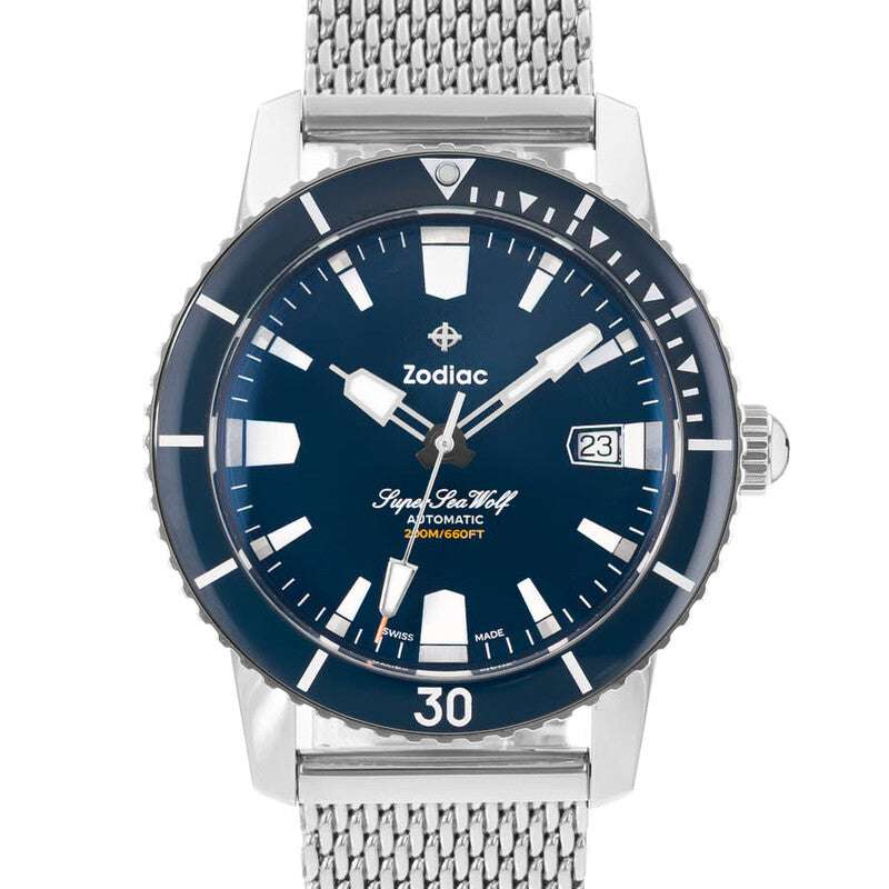 Zodiac Super Sea Wolf Compression Diver Automatico Uomo 40 mm Acciaio Quadrante Blu Lunetta Girevole Vetro Zaffiro Calibro STP 1-21 Bracciale Acciaio 200 m Swiss Made Ref. ZO9320