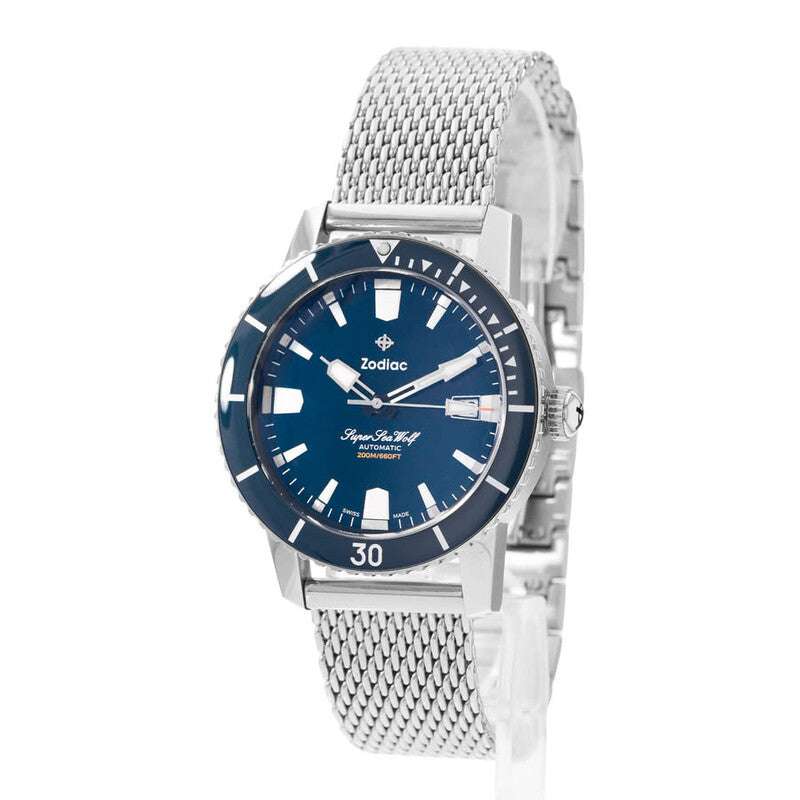 Zodiac Super Sea Wolf Compression Diver Automatico Uomo 40 mm Acciaio Quadrante Blu Lunetta Girevole Vetro Zaffiro Calibro STP 1-21 Bracciale Acciaio 200 m Swiss Made Ref. ZO9320