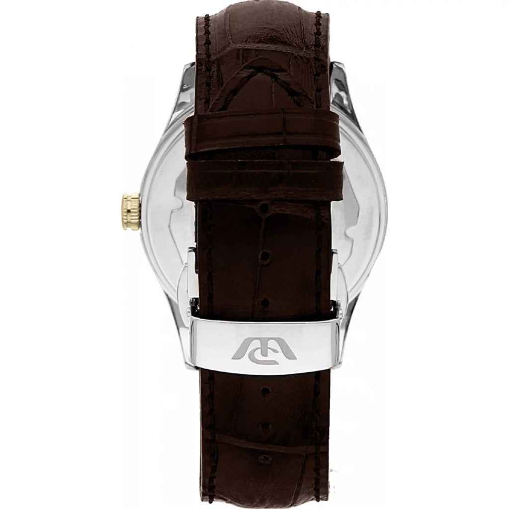 Orologio con cinturino in pelle marrone e cassa in acciaio argento, vista laterale