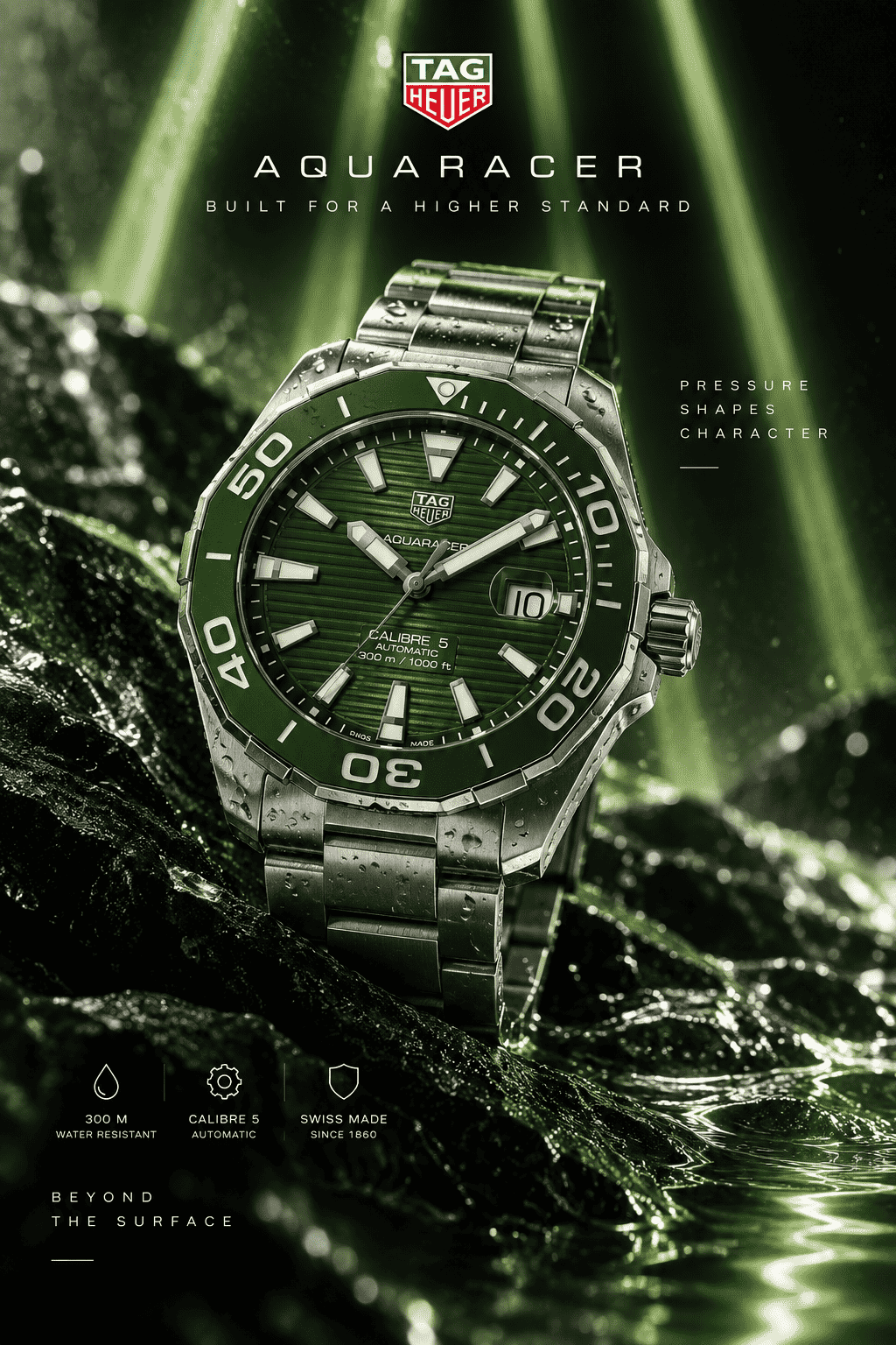 Orologio TAG Heuer Aquaracer in acciaio, quadrante verde, lunetta girevole unidirezionale