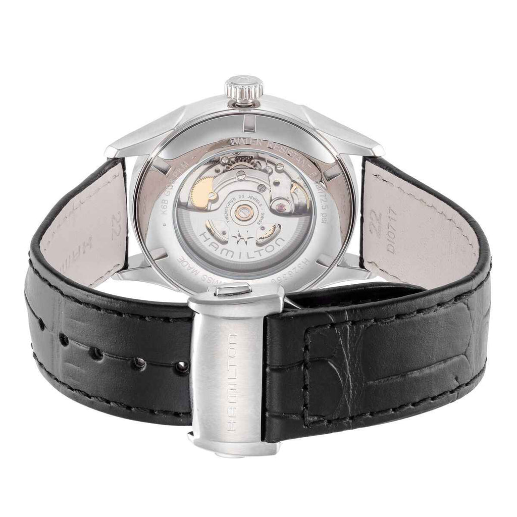 Orologio automatico con fondello trasparente e cinturino in pelle nera, retro