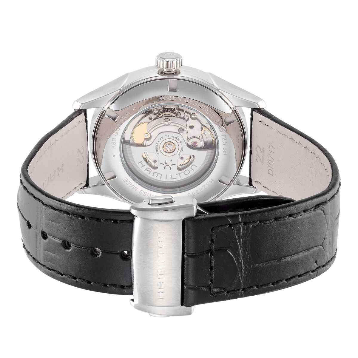 Orologio automatico con fondello trasparente e cinturino in pelle nera, retro