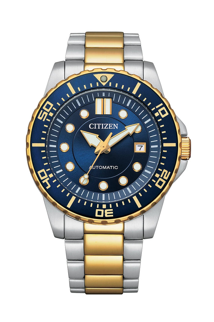 Citizen Mechanical Automatico Uomo 43 mm Acciaio Bicolore Oro Quadrante Blu Vetro Minerale Data Calibro 8210 Bracciale Acciaio Oro 100 m Ref. NJ0174-82L