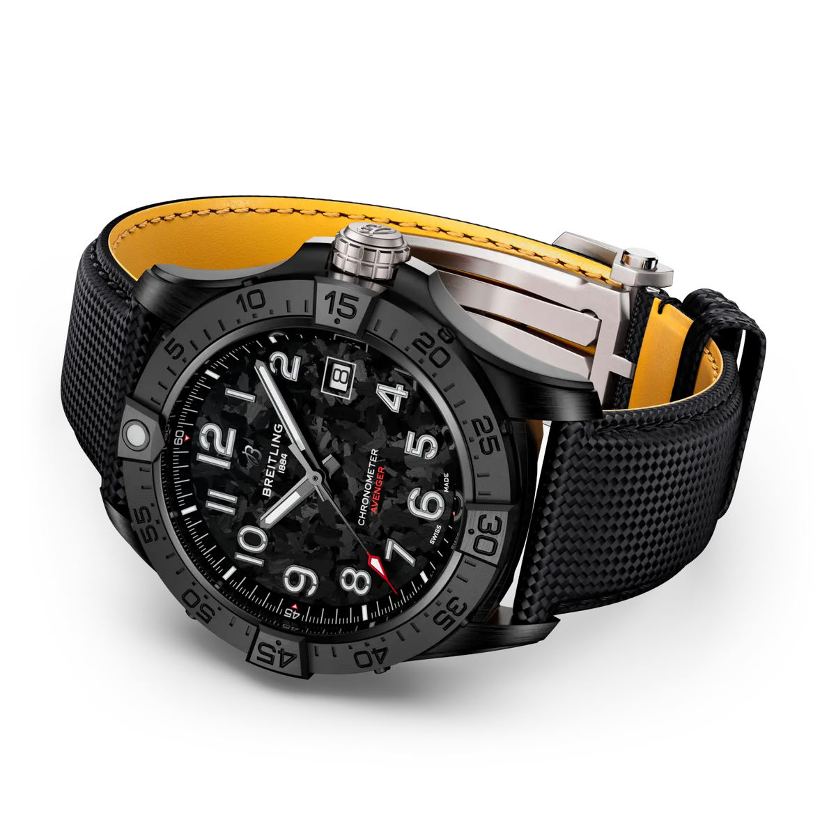 Orologio Breitling inclinato: cinturino nero con interno giallo e cassa nera