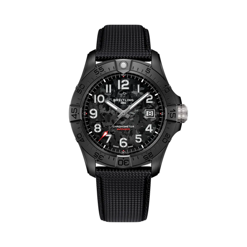 Orologio Breitling nero con quadrante nero, indici bianchi e cinturino nero tessitura